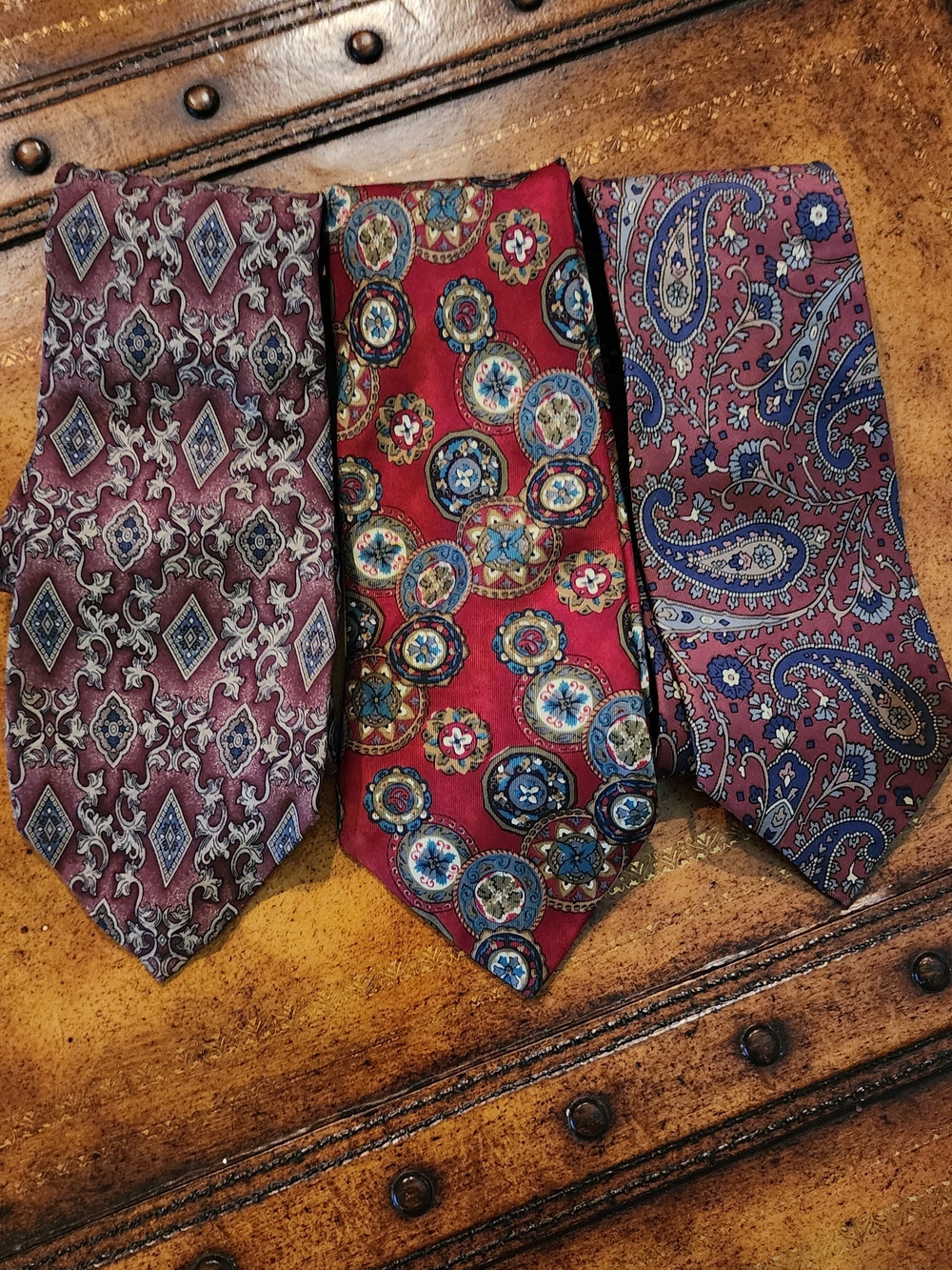 3pc Men’s 100% Silk Tie Lot American Traditions USA Burgundy Paisley Medallion